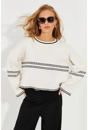 Kadın Ekru Salaş Triko Kısa Kazak YZ518