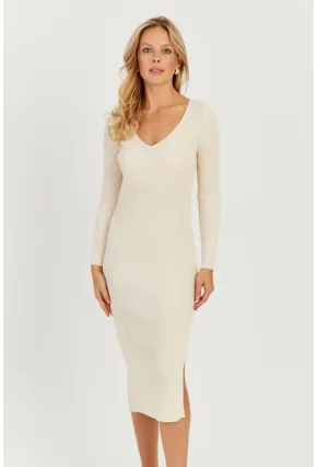 Kadın Ekru Sırtı Çapraz Triko Midi Elbise YZ407