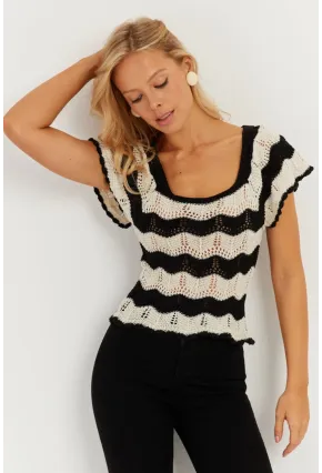 Kadın Ekru-Siyah Ajurlu Triko Bluz YZ624