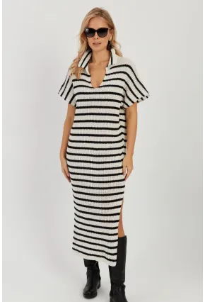 Kadın Ekru-Siyah Ajurlu Triko Midi Elbise YZ622