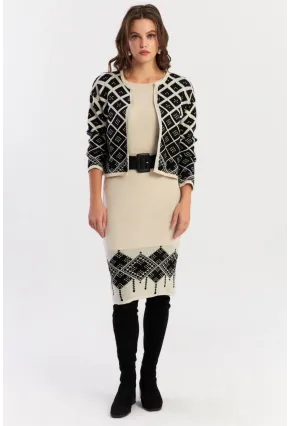 Kadın Ekru-Siyah Alt Üst Triko Desenli Takım NUV2028