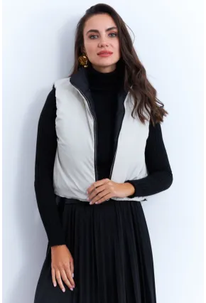 Kadın Ekru-Siyah Çift Taraflı Şişme Kısa Yelek MX12