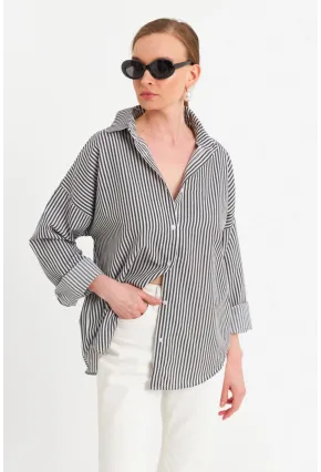 Kadın Ekru-Siyah Çizgili Gömlek ZER425