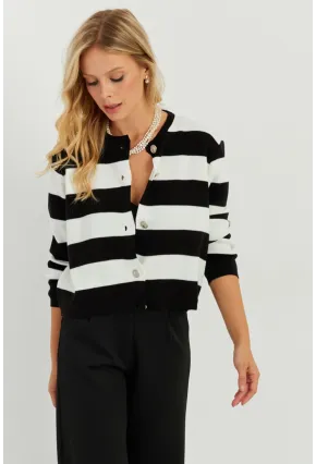 Kadın Ekru-Siyah Çizgili Hırka SMT222