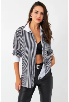 Kadın Ekru-Siyah Çizgili Kontrast Gömlek ELT156