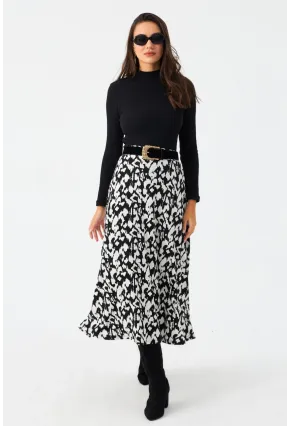 Kadın Ekru-Siyah Desenli Çan Etek MLON3007