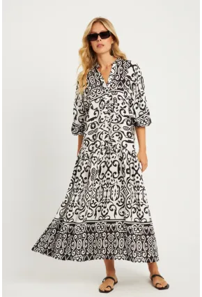Kadın Ekru-Siyah Desenli Midi Elbise GÇ169