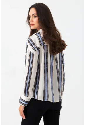 Kadın Ekru-Siyah Desenli Saten Gömlek MSHR500