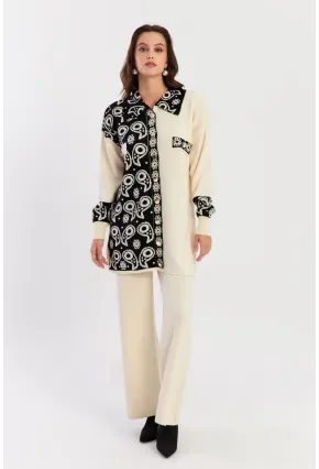 Kadın Ekru-Siyah Desenli Triko Alt Üst Takım NUV1066