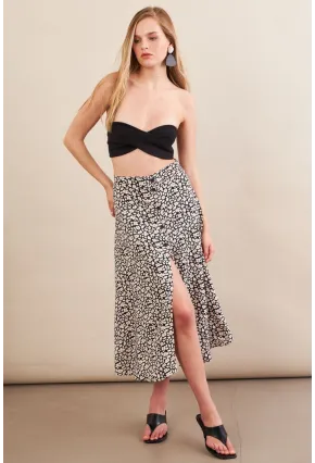 Kadın Ekru-Siyah Düğmeli Midi Etek SH60