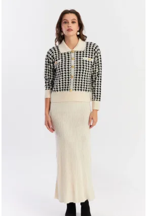 Kadın Ekru-Siyah Kazayağı Desenli Triko Takım NUV36