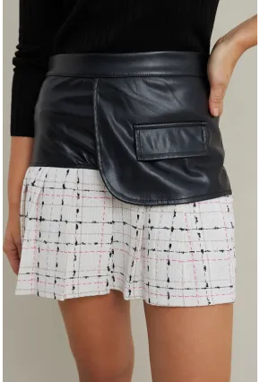 Kadın Ekru-Siyah Kazayağı Suni Deri Mini Etek NH93