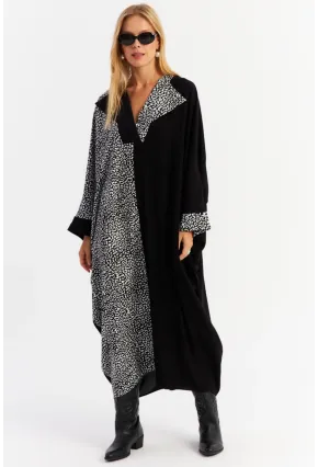 Kadın Ekru-Siyah Leopar Bloklu Maxi Elbise MALO15