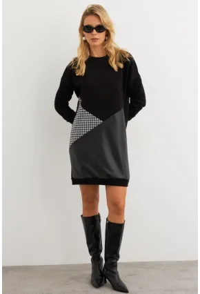 Kadın Ekru-Siyah Leopar Desenli Mini Sweat Elbise ST145