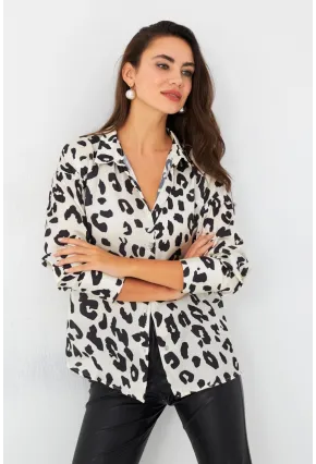 Kadın Ekru-Siyah Leopar Desenli Saten Gömlek SHR9