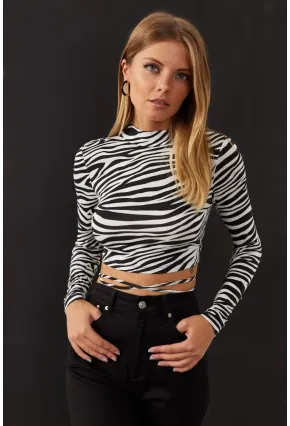 Kadın Ekru-Sıyah Sırt Dekolteli Zebra Desenli Crop Bluz LPP1131