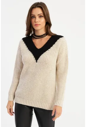 Kadın Ekru-Siyah V Yaka Triko Kazak SMT2434
