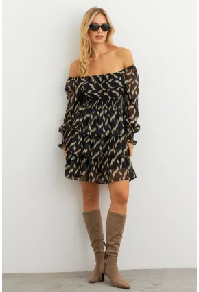 Kadın Ekru-Siyah Volanlı Şifon Mini Elbise KSD2831