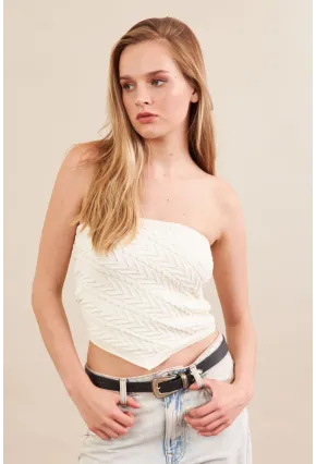 Kadın Ekru Straplez Triko Crop Bluz ZH049