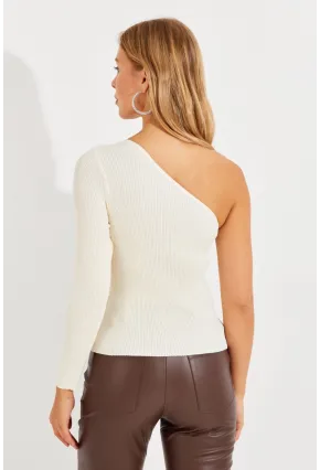 Kadın Ekru Tek Omuz Triko Bluz YV204