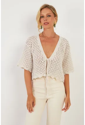 Kadın Ekru Triko Ajurlu Hırka YV255