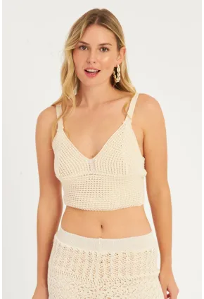 Kadın Ekru Triko Crop Bluz KZ2507