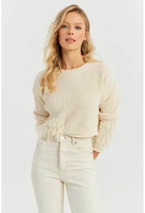 Kadın Ekru Triko Kısa Kazak YZ526