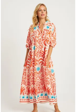 Kadın Ekru-Turuncu Desenli Midi Elbise GÇ169