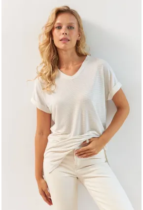 Kadın Ekru V Yaka Bluz RX439