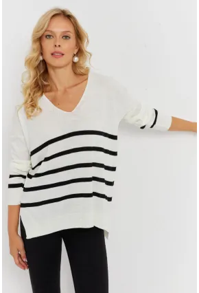 Kadın Ekru V Yaka Çizgili Triko Kazak YİL550