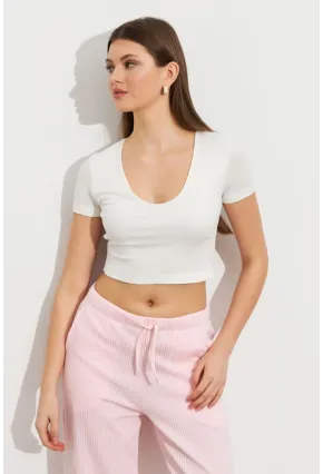Kadın Ekru V Yaka Crop Bluz TOP101