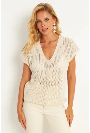 Kadın Ekru V Yaka Fileli Bluz SMT230