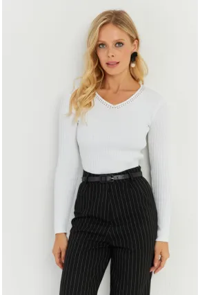 Kadın Ekru V Yaka Fitilli Triko Bluz SMT216