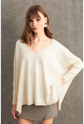 Kadın Ekru V Yaka Salaş Bluz YV304