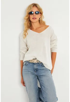 Kadın Ekru V Yaka Triko Bluz YV282