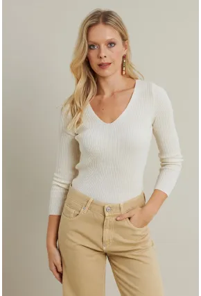 Kadın Ekru V Yaka Triko Bluz YV284