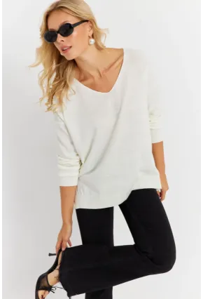 Kadın Ekru V Yaka Triko Kazak YİL549