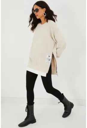 Kadın Ekru Yanları Fermuarlı Oversize Sweatshirt BK231095