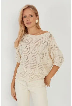Kadın Ekru Yarasa Kol Ajurlu Triko Bluz YZ621