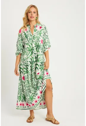 Kadın Ekru-Yeşil Desenli Midi Elbise GÇ169