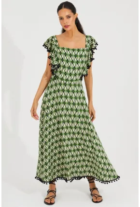 Kadın Ekru-Yeşil Sırtı Gipeli Kare Yaka Elbise BK1650