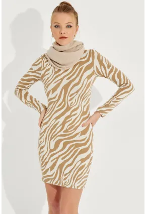 Kadın Ekru Zebra Desenli Mini Elbise AYD249