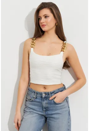 Kadın Ekru Zincir Askılı Astarlı Crop Bluz LİT109