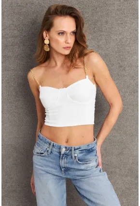 Kadın Ekru Zincir Askılı Crop Bluz LİT100