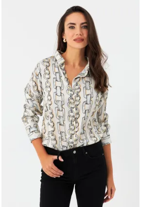 Kadın Ekru Zincir Desenli Saten Gömlek SHR9