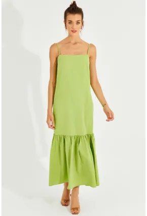 Kadın Fıstık Yeşil Eteği Volanlı Askılı Midi Elbise MEN2001