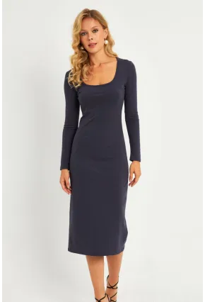 Kadın Füme Kare Yaka Midi Elbise CG382