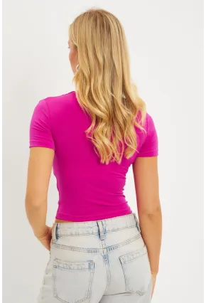 Kadın Fuşya Asimetrik Yaka Büzgülü Bluz YZ1081