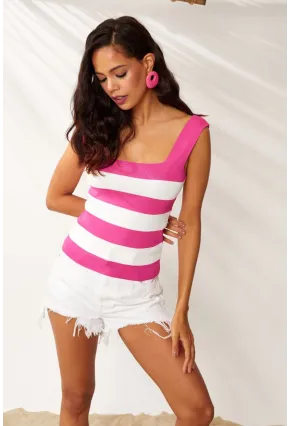 Kadın Fuşya-Beyaz Kare Yaka Triko Bluz YV80