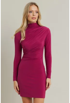 Kadın Fuşya Büzgülü Dik Yaka Mini Elbise ELT3138-90